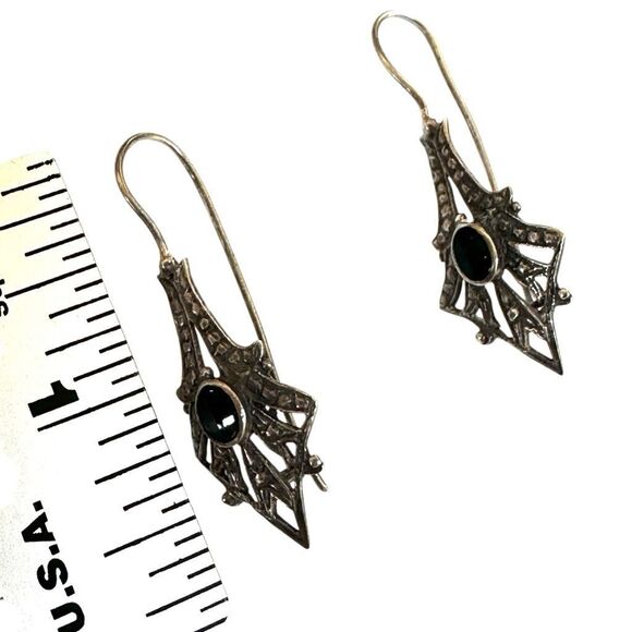 Art Deco Onyx and Marcasite Sterling silver earrings - Picture 6 of 9